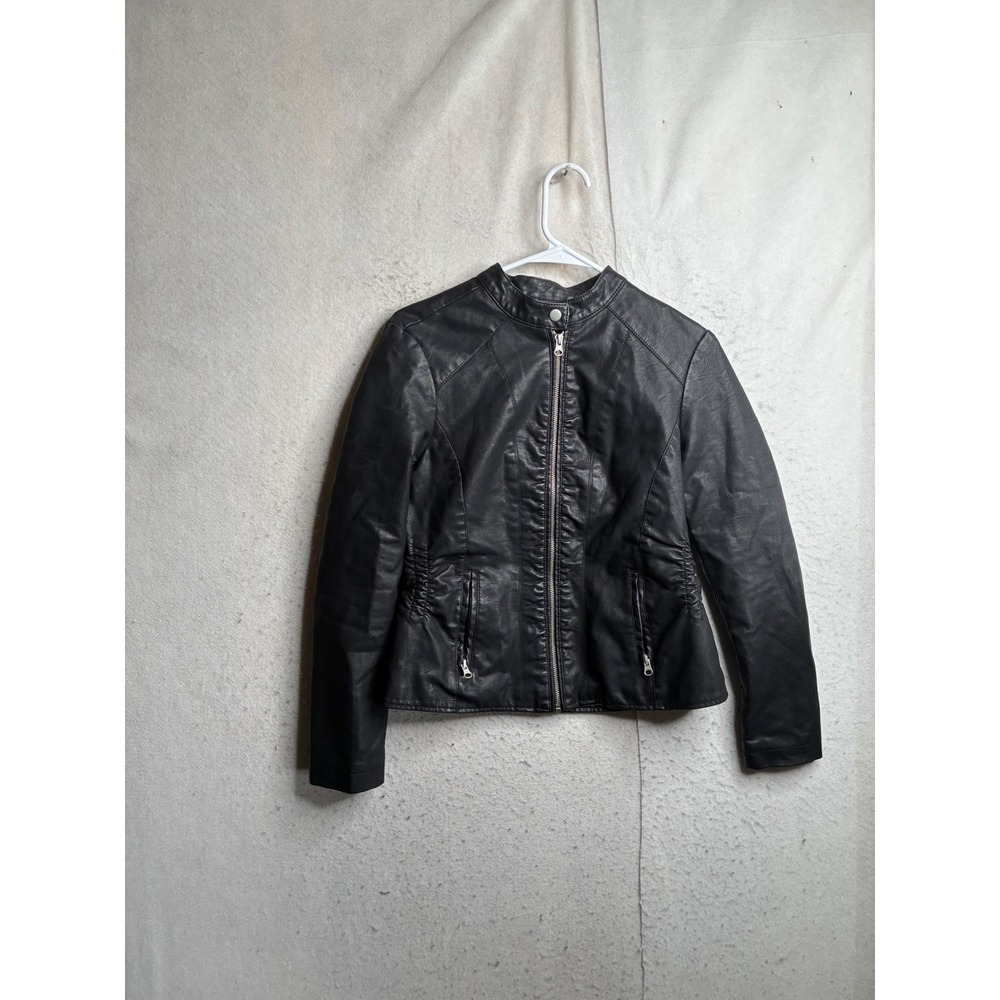 Baccini Black Faux Leather Moto Jacket Ruched Sides PM RN 149251